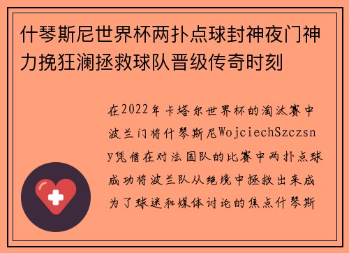 什琴斯尼世界杯两扑点球封神夜门神力挽狂澜拯救球队晋级传奇时刻